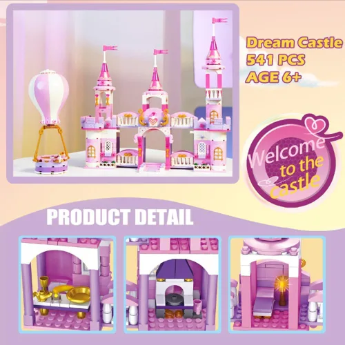 Vista 2 de Juguetes de bloques de construcción de castillo de princesa para niñas, 541 piezas, castillo multiforma, globo aerostático, juguetes para niñas