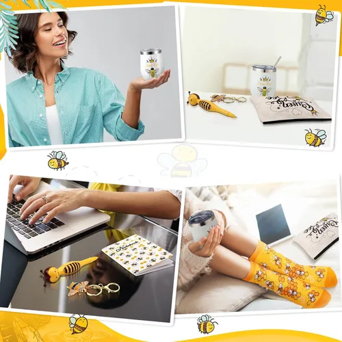 Vista 4 de Panitay Juego de 6 regalos temáticos de abeja para mujer, vaso de acero inoxidable de 12 onzas con popote y calcetines de cepillo, bolsa