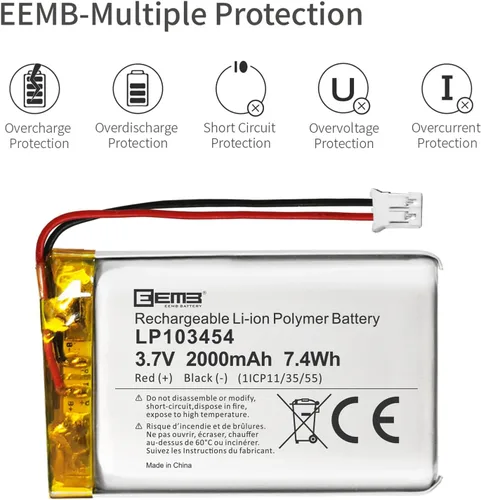 Vista 8 de EEMB 3.7V 103454 2000mAh Lipo Batería recargable JST2.0 Conector 1 paquete