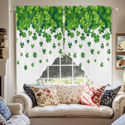 Vista 2 de Juego de Cortinas de Cocina del Día de San Patricio Trébol de la Suerte Shamrock Juego de Cenefa de Ventana, Cortinas con Bolsillo para Barra
