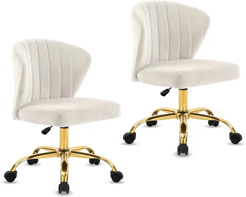 Vista 10 de CLATINA Silla de escritorio de terciopelo para el hogar con ruedas de base dorada, altura ajustable, tapizada, cómoda, ergonómica, sin brazos