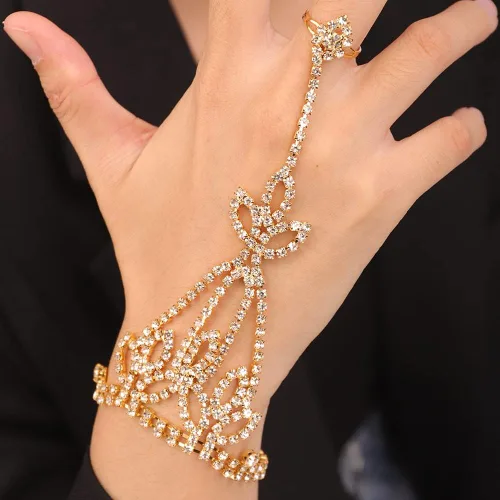 Vista 2 de Xerling Joyas de mano de diamantes de imitación de oro para mujer, pulseras de anillo de dedo, cadena esclava, arnés de mano, pulseras para niñas