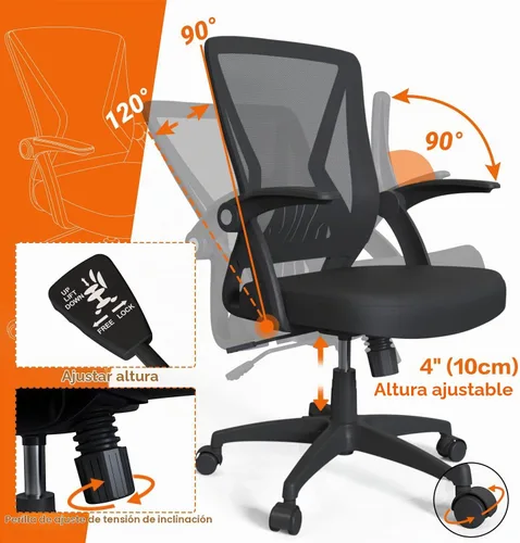 Vista 3 de Silla de oficina de malla ergonómica con respaldo medio, giratoria, de malla negra, brazos abatibles con soporte lumbar, silla de computadora
