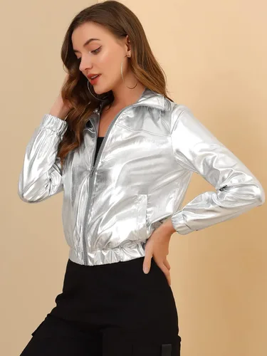 Vista 4 de Allegra K Chaqueta metálica holográfica brillante para mujer, manga larga, ligera, con cremallera
