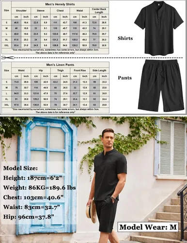 Vista 6 de COOFANDY Conjunto de 2 piezas de lino para hombre, camisas y pantalones cortos Henley de manga corta y pantalones cortos de verano para playa y yoga