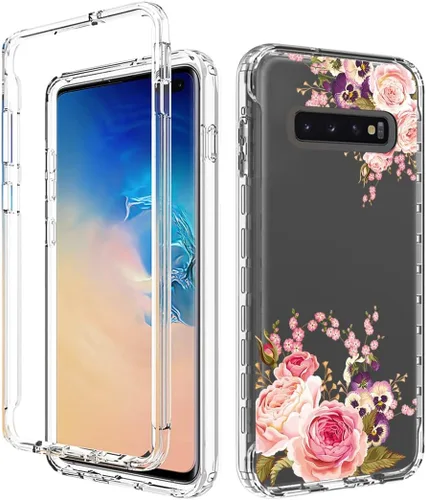 Vista 6 de Funda para Galaxy S10+ Plus SM-G975U con protector de pantalla de vidrio templado, carcasa rígida de diseño floral de cuerpo completo + funda de TPU