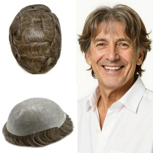 Vista 15 de Tupé de piel ultra fina para hombres pieza de cabello humano real sistema de reemplazo 0.002 in Mens Toupee Hairpiece para hombres V-Loop 8x10 80%