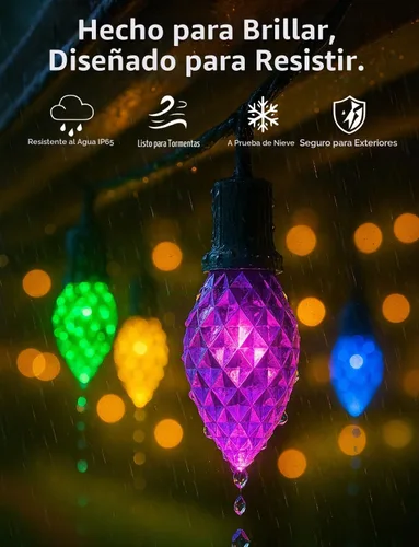 Vista 7 de Popotan C-9 Luces LED de Navidad para Exteriores, 33 Pies 50 LEDs Luces de Cadena RGB Inteligentes con Control Remoto de Aplicación, 108 Modos