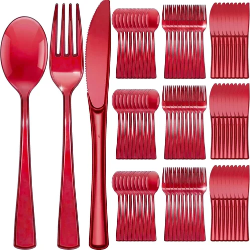 Vista 9 de Minatee Juego de 150 piezas de cubiertos desechables de plástico, juego de cubiertos de acero inoxidable resistente, 50 tenedores, 50 cuchillos, 50