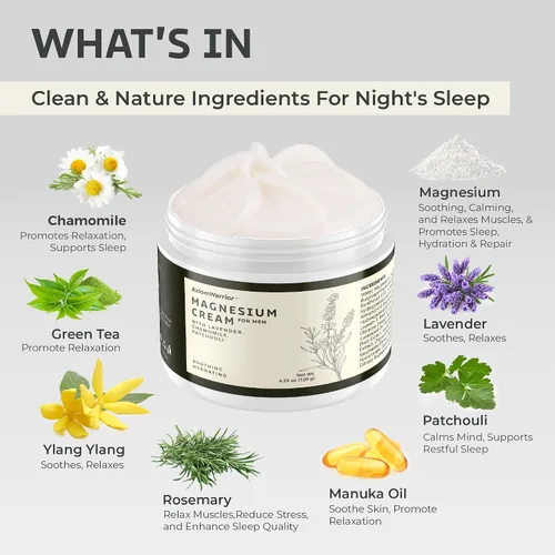 Vista 5 de Crema de magnesio para dormir y calambres en las piernas: loción calmante de magnesio con lavanda, manzanilla, pachulí para el cuerpo - calmante