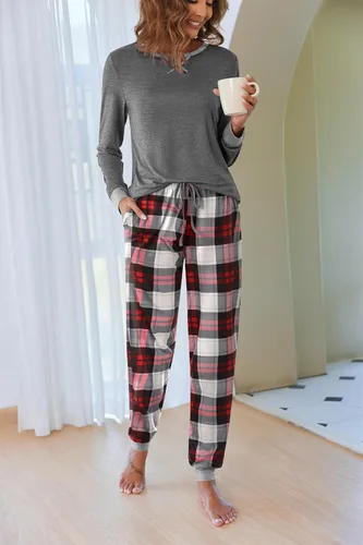 Vista 2 de Ekouaer Conjunto de pijama para mujer, de manga larga, cuello redondo, cómodo, con bolsillos