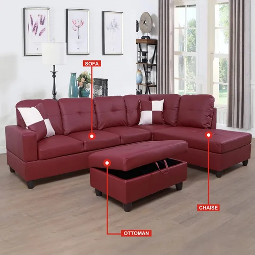 Vista 9 de Moderno sofá seccional de cuero en forma de L (rojo, hacia la izquierda)