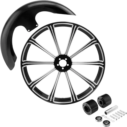 Vista 53 de TCMT Llanta de rueda delantera de 21", buje de rueda de brida de doble disco con guardabarros delantero negro sin pintar, compatible con modelos