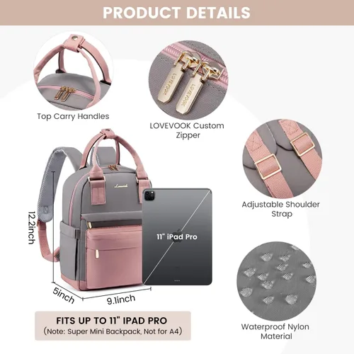 Vista 5 de LOVEVOOK Mini mochila para mujeres y niñas, elegante mochila impermeable con puerto USB, bonita mochila para la escuela, viajes, fiestas, Rosa &