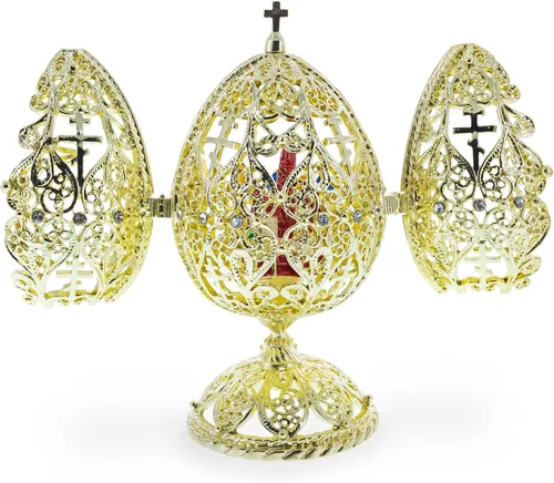 Vista 6 de BestPysanky Estatuilla dorada de huevo de Pascua de la iglesia ortodoxa Bejeweled