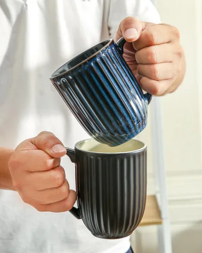 Vista 5 de Taza de café de cerámica HASENSE, taza grande de café de 20 oz con asa, taza de porcelana para café, té y cacao con diseño acanalado moderno, apta