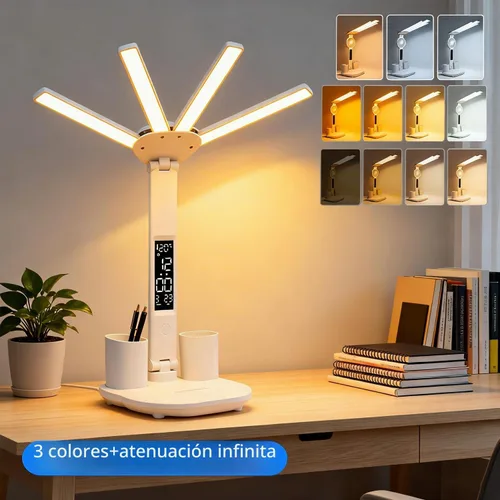 Vista 3 de Lámpara de escritorio LED con reloj, lámpara de estudio plegable, 3 modos de iluminación, lámpara de mesa regulable para cuidado de los ojos
