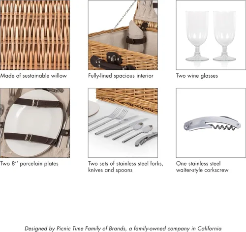 Vista 6 de PICNIC TIME Cesta de picnic clásica para 2, romántica canasta de mimbre de madera de estilo inglés con servicio de lujo para 2, interior totalmente