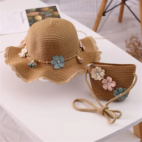 Vista 2 de Sombrero de paja para bebé niña + bolsa de playa para niñas, sombrero de paja para niños, sombrero, sombrero de flores para niños