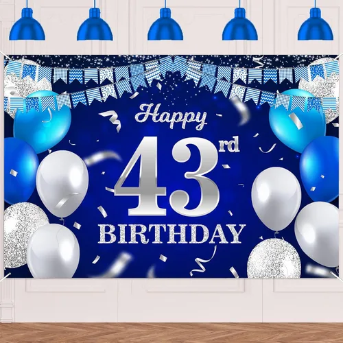 Vista 96 de Bandera de feliz primer cumpleaños con fondo azul marino, globos, confeti, bandera de rayas, luces de puntos, felicitaciones por el tema de 1 año