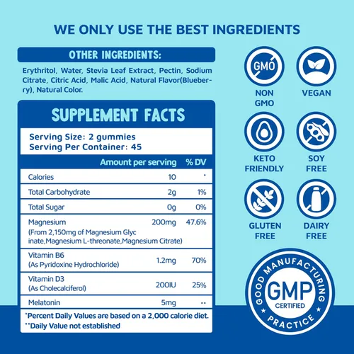 Vista 6 de Gomitas de glicinato de magnesio 2150 mg con melatonina 5 mg para adultos, apoyo para el sueño, alivio del estrés, gomitas de arándanos 90 CT