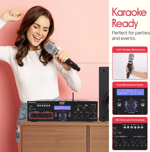 Vista 4 de Pyle Combo de micrófono inalámbrico/amplificador Bluetooth, potencia máxima de 200 W, receptor de audio estéreo de doble canal con USB - Reproductor