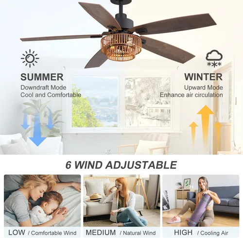 Vista 2 de 52" Farmhouse Ceiling Fans with Lights, Black Ceiling Fan with 6 Wind Speed Remote Control, Dual Finish 5 Blades, Reversible DC Motor, Rattan Caged