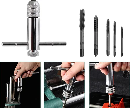 Vista 5 de 1 llave ajustable con mango en T con 5 grifos de rosca corta M3 a M8, grifos de rosca manual y de máquina, roscas métricas, herramienta de roscar