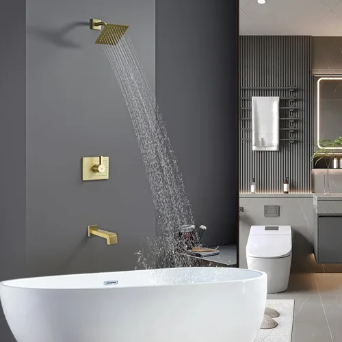 Vista 2 de SOOOHOT Accesorios de ducha dorados cepillados, juego de grifo de bañera y ducha con cabezal de ducha dorado de 6 pulgadas y boquilla de tina, juego