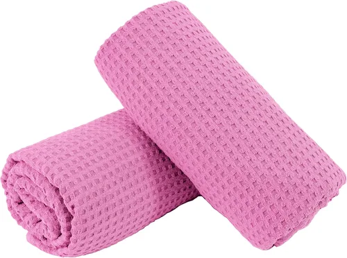 Vista 2 de POLYTE Toalla de baño de microfibra de gran tamaño de secado rápido sin pelusas, 60 x 30 pulgadas, juego de 2 (rosa, tejido de gofre)