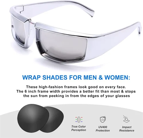 Vista 4 de GUVIVI Gafas de sol envolventes de moda para mujeres y hombres, gafas de sol rectangulares futuristas gruesas y gruesas