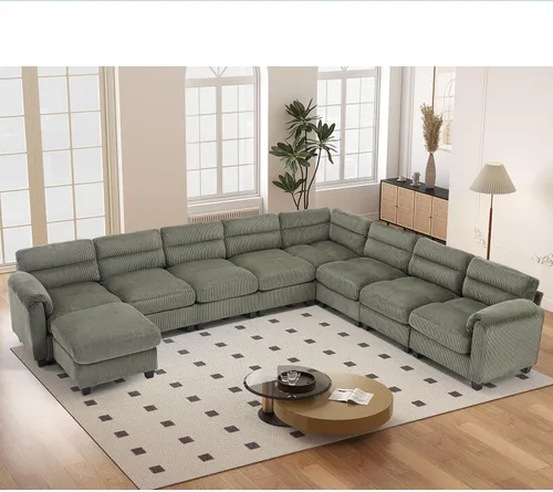Vista 81 de HAOMARKETS Sofá esquinero modular en forma de L de 115 pulgadas con 2 otomanas móviles, sofás de pana de 8 plazas con cojín grueso para sala de Beige