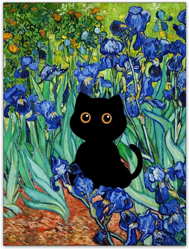 Vista 10 de CAXIYSH Arte de pared de gato negro Monet, póster de lirios acuáticos, vintage, divertido, floral, gato, lienzo, pinturas famosas, impresiones