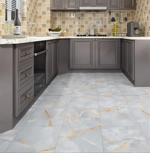 Vista 6 de FunStick Azulejos de mármol para baño, 12 x 12 pulgadas, vinilo adhesivo de color gris dorado, azulejos adhesivos para suelos de cocina, inquilinos