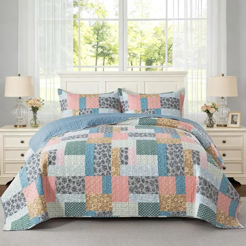 Vista 7 de NEWLAKE Juego de colchas tamaño queen, conjunto de colcha de algodón con diseño de retazos en colores azul y negro con patrones a cuadros, colcha