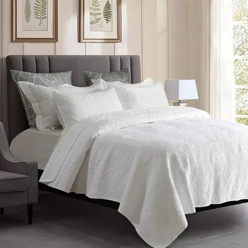 Vista 3 de Brandream Juego de ropa de cama Queen de 6 piezas de algodón blanco y beige, juego de ropa de cama de granja festoneada