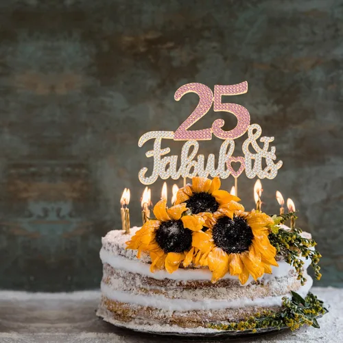 Vista 5 de 25 y fabulosa decoración de pastel de diamantes de imitación dorados y rosados – Feliz cumpleaños 25 años saluda a 25 años de edad, decoración