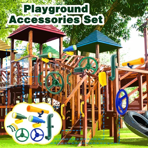 Vista 5 de Juego de 11 piezas de columpio para patio de recreo, accesorios de plástico para volante pirata con asas de seguridad, telescopio, periscopio