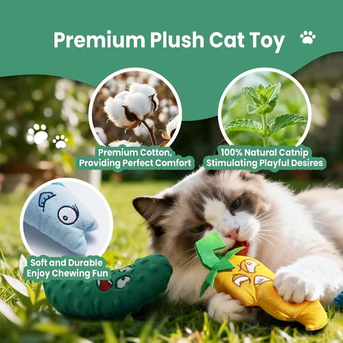 Vista 3 de Juego de 3 juguetes de hierba gatera – Pescado, chile y pepino, juguetes de peluche para gatos de interior, juguetes interactivos naturales rellenos