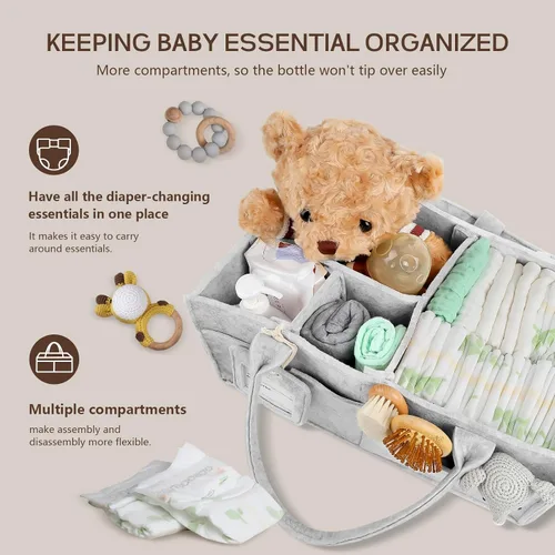 Vista 4 de GEMII Organizador de pañales – Organizador grande para bebés con asa para artículos esenciales para recién nacidos, niños o niñas (gris, grande)