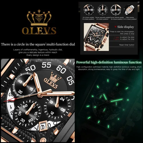 Vista 5 de OLEVS Reloj multifunción de cuero para hombre, reloj cuadrado clásico de cuarzo, para hombre