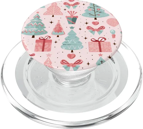 Vista 8 de PopSockets estándar con diseño de árbol de Navidad rosa pastel y verde salvia