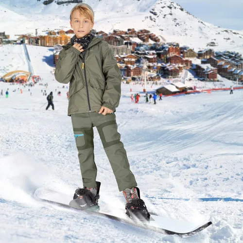 Vista 5 de linlon Pantalones cargo de senderismo para niños y jóvenes, impermeables, con forro polar suave y forro polar, pantalones de nieve aislados, Nieve