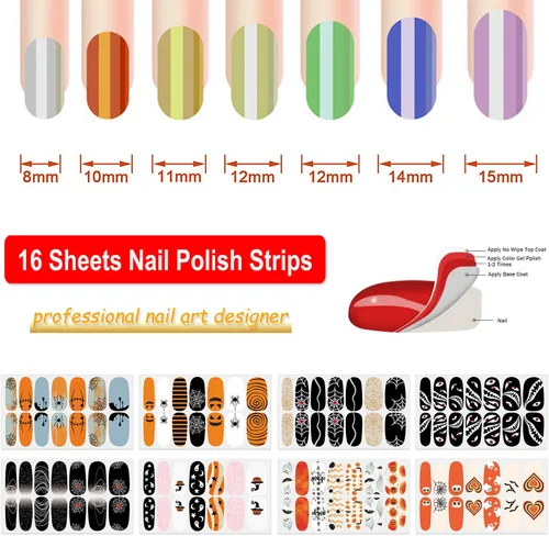 Vista 5 de 8 hojas de calcomanías de esmalte de uñas de Halloween, calcomanías de esmalte de uñas para festivales, tiras de esmalte de uñas para mujeres
