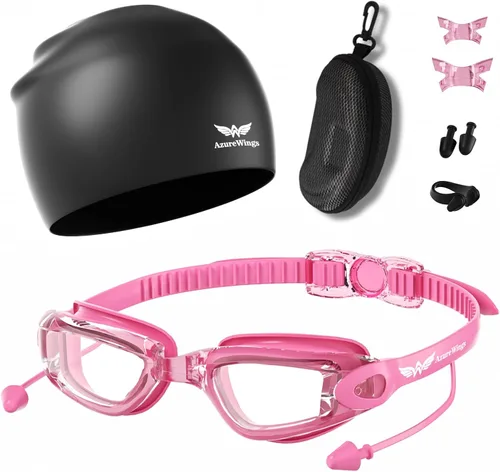 Vista 12 de Gafas de natación 7 en 1 + gorro de natación para hombres y mujeres, sin fugas, antivaho y UV, lente de PC con espejo HD de visión amplia