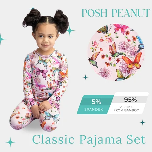 Vista 62 de Posh Peanut Pijamas para niñas, suaves, de viscosa de bambú para niños, pijamas a juego de manga larga para niñas