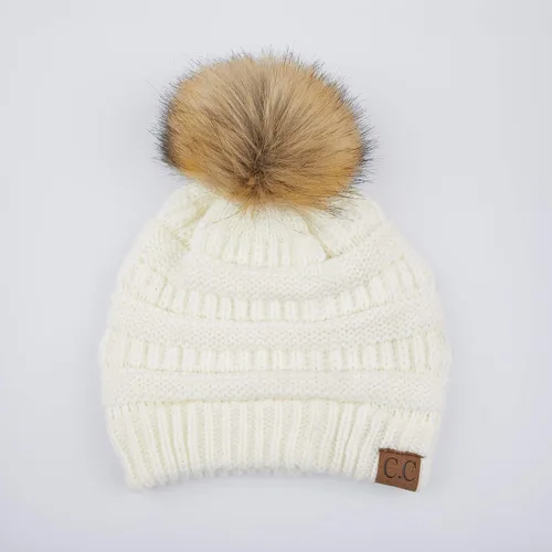 Vista 2 de Gorro unisex liso con pompón y ribete (HAT-43) de C.C Hatsandscarf Exclusives Marfil
