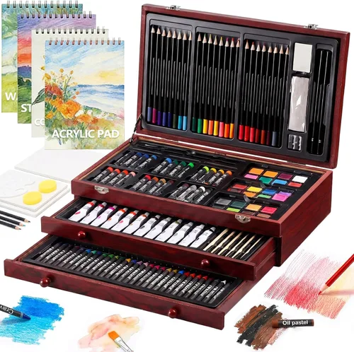 Vista 8 de Juego de arte de lujo de 194 piezas, suministros de pintura y dibujo con 4 blocs de dibujo, pinturas acrílicas, crayones, set de lápices