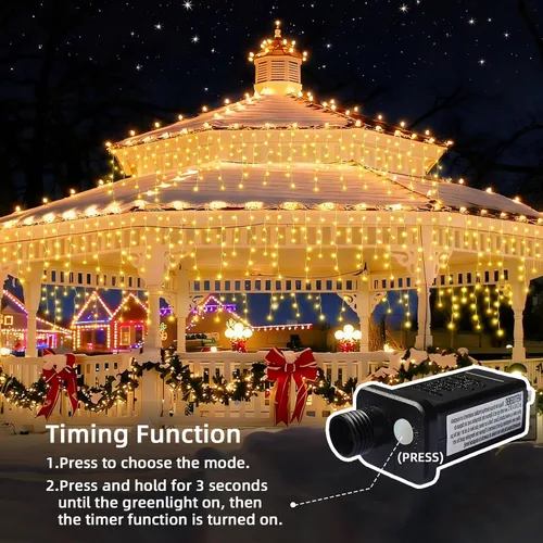 Vista 4 de Luces de Navidad de carámbano para exteriores - 200 LED 6.4+4.9 m 8 modos, cortina de luces de hadas en forma de guirnalda, enchufables