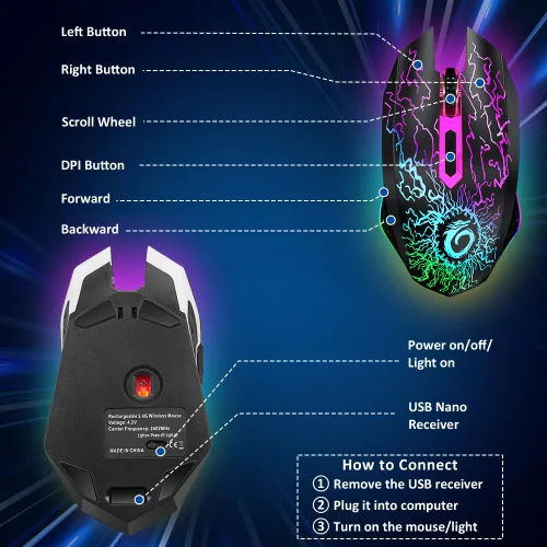 Vista 8 de VersionTECH. Ratón inalámbrico para juegos, recargable, con luces LED coloridas, clic silencioso, receptor USB nano 2.4G, 3 niveles de DPI para PC